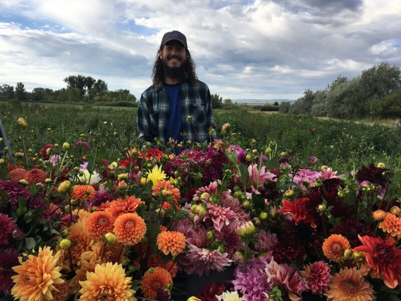 Smiling man standing behind a vibrant display of colorful dahlias and other flowers in a lush field, with a cloudy sky and greenery in the background.