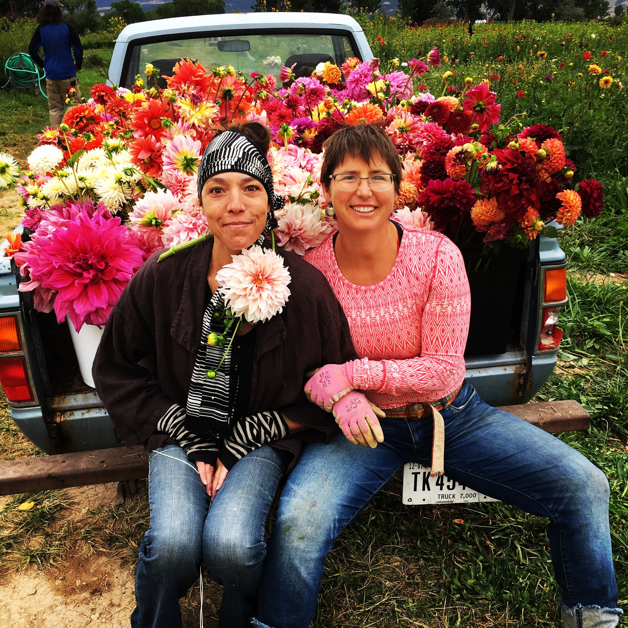 Two women sitting on the tailgate of a truck filled with vibrant flowers, smiling and dressed in casual work attire. The background features a lush garden with colorful blooms, showcasing the beauty of flower farming.